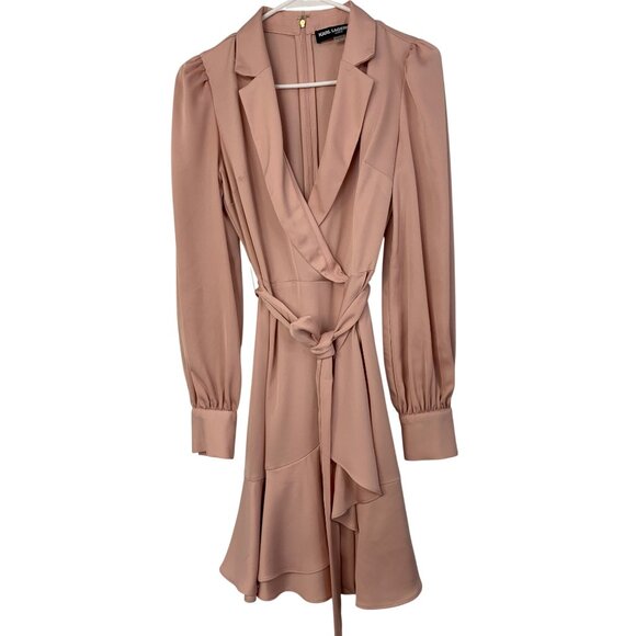 Karl Lagerfeld Paris Pink Faux Wrap Dress Surplus Neck Ruffle Hem LS Size 2 - Picture 3 of 11